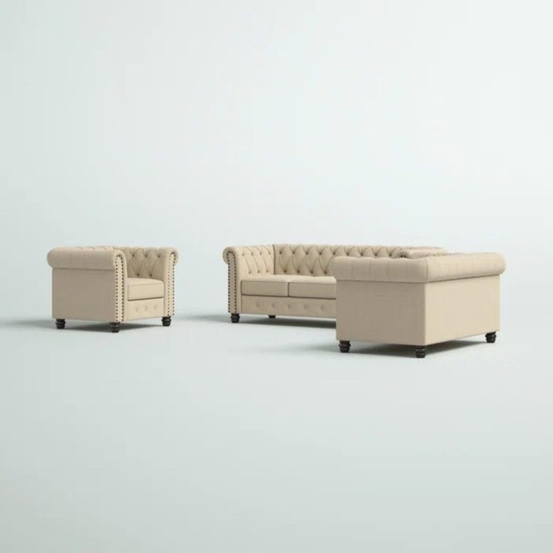 INTERIOR FURNITURE Wood - 3 +2 +1 Seater Luxary Velvet Button Tuffted Sofa Set For Living Room, Hallways, Offices, Bedroom (Cream) - Image 2