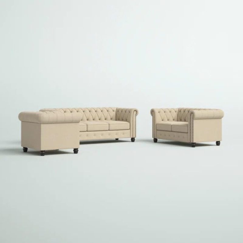 INTERIOR FURNITURE Wood - 3 +2 +1 Seater Luxary Velvet Button Tuffted Sofa Set For Living Room, Hallways, Offices, Bedroom (Cream) - Image 3
