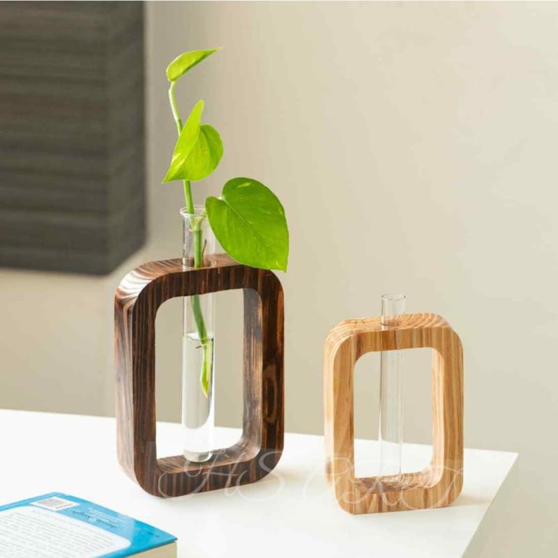 HS ART Wooden Table Flower Vase Home Decor Items/Propagation/Decor Plant Holder Dining Table Wooden Flower Vase for Decor Home Office Living Room Rectangular (1) - Image 2