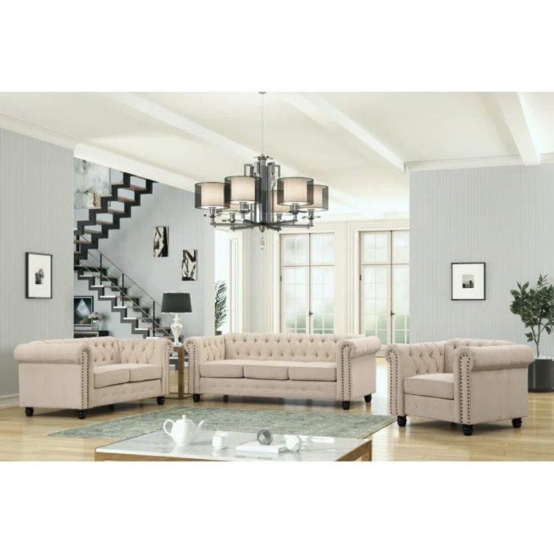 INTERIOR FURNITURE Wood - 3 +2 +1 Seater Luxary Velvet Button Tuffted Sofa Set For Living Room, Hallways, Offices, Bedroom (Cream)